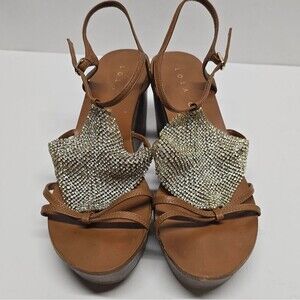 Lola Cruz Tan Leather Crystal Embellished Mesh T-Strap Wedged Sandals Women's 7